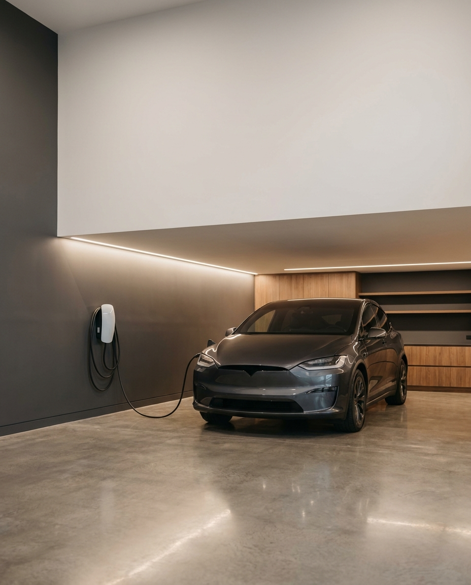 Tesla Model X charging from a wall-mounted home EV charger in a premium residential garage