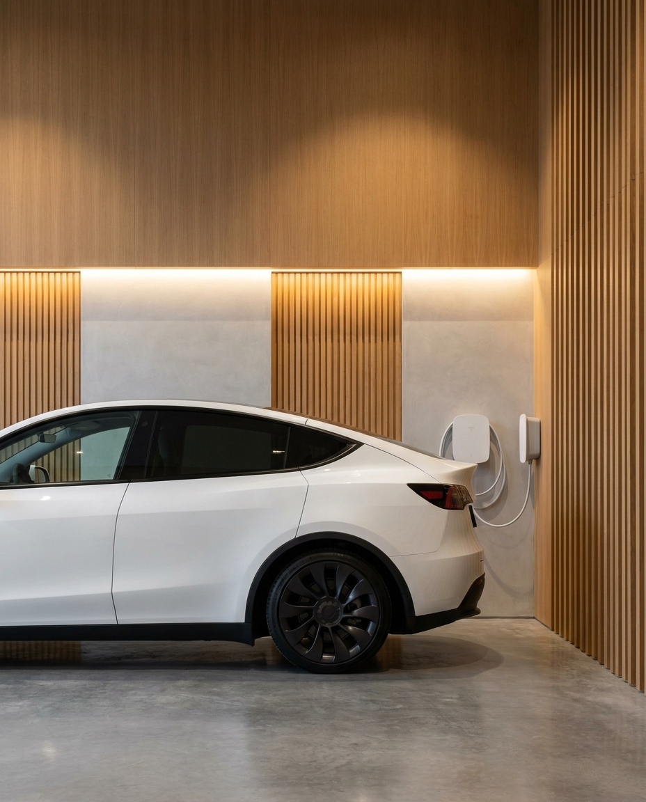 White Tesla Model Y plugged into a home EV charger in a timber-panelled garage